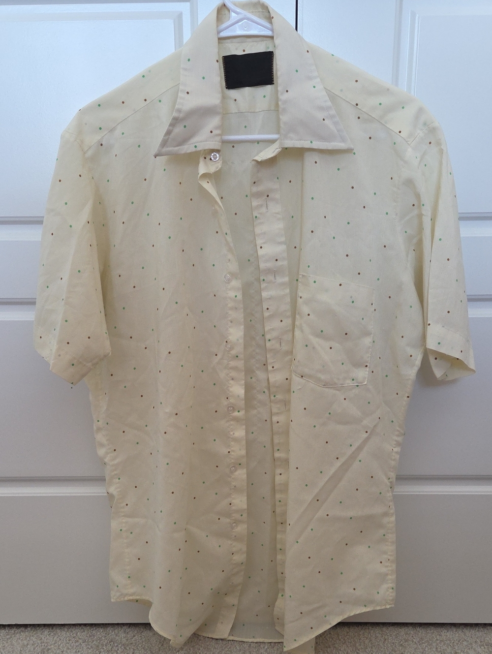 Vintage Cream Button-Down Shirt with Green & Brown Dot Pattern